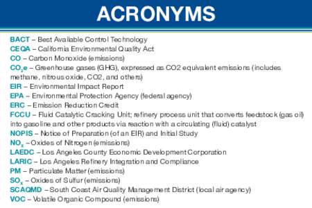 ACRONYMS BACT – Best Available Control Technology CEQA – California Environmental Quality Act CO – Carbon Monoxide (emissions) CO2e – Greenhouse gases (GHG), expressed as CO2 equivalent emissions (includes methan