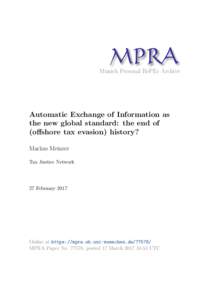 M PRA Munich Personal RePEc Archive Automatic Exchange of Information as the new global standard: the end of (offshore tax evasion) history?