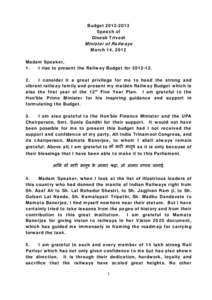 Budget[removed]Speech of Dinesh Trivedi Minister of Railways March 14, 2012