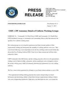PRESS RELEASE FOR IMMEDIATE RELEASE Public Affairs Office Commander, U.S. Fleet Forces Command