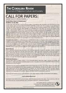 The Cordillera Review  Journal of Philippine Culture and Society CALL FOR PAPERS: Special Issue on Literary Studies