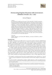 Nordic Journal of Educational History Vol. 2, noISSN (online): ISSN (print): Demarcating Popular Education with Government