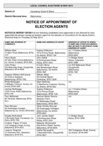LOCAL COUNCIL ELECTIONS 22 MAY 2014 District of Causeway Coast & Glens  District Electoral Area