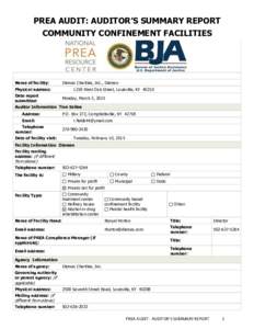 PREA AUDIT: AUDITOR’S SUMMARY REPORT COMMUNITY CONFINEMENT FACILITIES Name of facility: Physical address: Date report