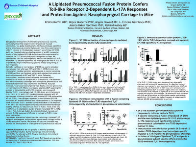 A Lipidated Pneumococcal Fusion Protein Confers Toll-like Receptor 2-Dependent IL-17A Responses and Protection Against Nasopharyngeal Carriage in Mice Kristin Moffitt  1*