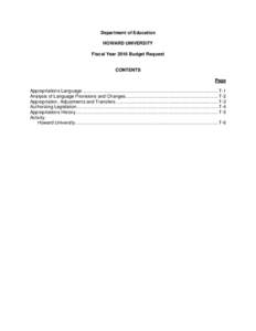 Department of Education HOWARD UNIVERSITY Fiscal Year 2016 Budget Request CONTENTS Page