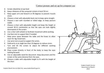 Correct posture and set up for computer use A Screen should be at eye level B. Keep a distance of the computer screen at least 50 cm. C Keep upper arm and forearm at 90 degrees to prevent muscle strain. D. Choose a chair
