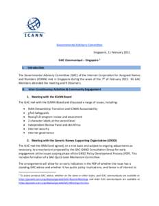 Governmental Advisory Committee Singapore, 11 February 2015 GAC Communiqué – Singapore 1 I.  Introduction