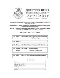 QUESTING HEIRS GENEALOGICAL SOCIETY N e w s l e tt e r Volume 44  Number 7  July 2011