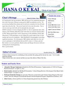 HANA O KE KAI  “Work of the Ocean” NEWSLETTER OF THE OCEAN AND RESOURCES ENGINEERING DEPARTMENT, Spring 2015, Volume 18, Issue 2