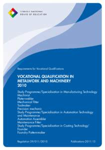 Requirements for Vocational Qualifications  VOCATIONAL QUALIFICATION IN METALWORK AND MACHINERY 2010 Study Programme/Specialisation in Manufacturing Technology