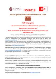 ISSI2019 with a Special STI Indicators Conference Track Call for papers 17th International Conference on Scientometrics & Informetrics September 2–5, 2019, Rome Italy