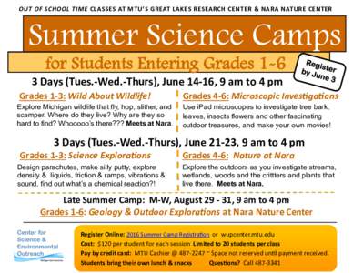 OUT OF SCHOOL TIME CLASSES AT MTU’S GREAT LAKES RESEARCH CENTER & NARA NATURE CENTER  Summer Science Camps for Students Entering GradesDays (Tues.-Wed.-Thurs), June 14-16, 9 am to 4 pm Grades 1-3: Wild About Wil