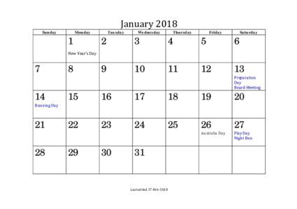 January 2018 Sunday Monday  1