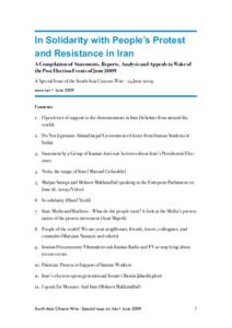In Solidarity with People’s Protest and Resistance in Iran A Compilation of Statements, Reports, Analysis and Appeals in Wake of the Post Election Events of June 2009 A Special Issue of the South Asia Citizens Wire - 2