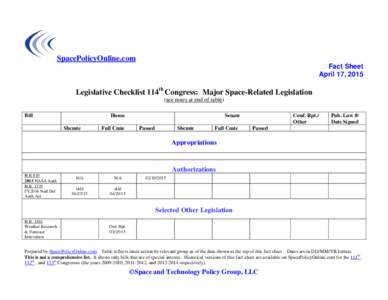SpacePolicyOnline.com Fact Sheet April 17, 2015 Legislative Checklist 114th Congress: Major Space-Related Legislation (see notes at end of table)