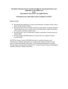 Resolution Endorsing Sesame (Synchrotron-light for Experimental Science and Applications in the Middle East) by the International Union of Pure and Applied Physics (Presented by the United States Liaison Committee to IUP