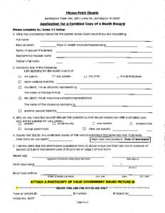 Please Print Clearly Barrington Town Hall, 283 county Rd., Barrington RlApplication for a certified Copy of a Death Record Please complete ALL items 1-s below:
