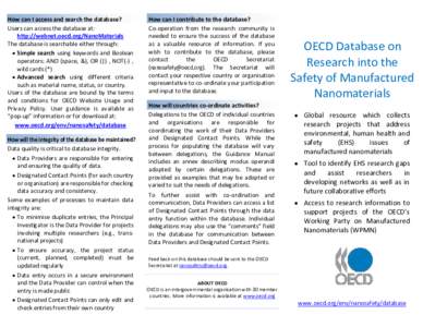 How can I access and search the database? Users can access the database at: http://webnet.oecd.org/NanoMaterials The database is searchable either through:  Simple search using keywords and Boolean operators: AND (spa
