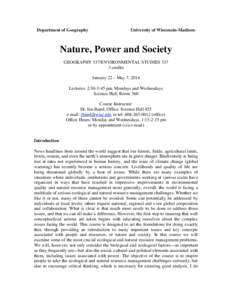 Department of Geography  University of Wisconsin-Madison Nature, Power and Society GEOGRAPHY 337/ENVIRONMENTAL STUDIES 337
