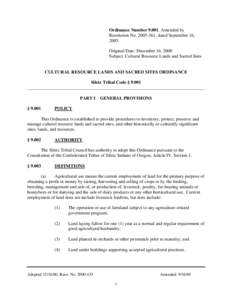 Ordinance NumberAmended by Resolution No, dated September 16, 2005. Original Date: December 16, 2000 Subject: Cultural Resource Lands and Sacred Sites