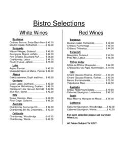 Bistro Selections White Wines Bordeaux Château Bonnet, Entre-Deux-Mers $ 42.00 Mouton-Cadet, Rothschild…………$ 42.00 Burgundy