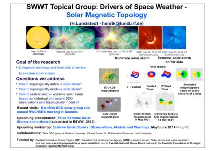 SWWT Topical Group: Drivers of Space Weather Solar Magnetic Topology (H.Lundstedt - ) Extreme solar storm on far side
