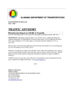 a ne Cls ALABAMA DEPARTMENT OF TRANSPORTATION FOR IMMEDIATE RELEASE July 7, 2016