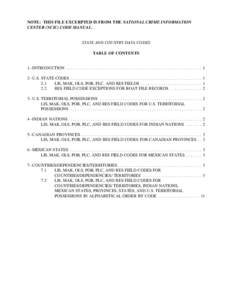 STATE AND COUNTRY DATA CODES - NOTE: THIS FILE EXCERPTED IS FROM THE NATIONAL CRIME INFORMATION CENTER (NCIC) CODE MANUAL.