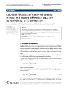 Solutions for a class of nonlinear Volterra integral and integro-differential equation using cyclic (phi,psi,theta)-contraction