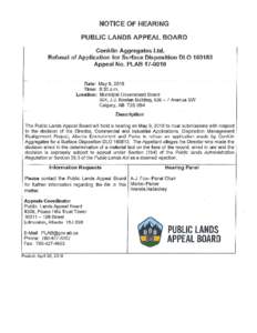 NOTICE OF HEARING PUBLIC LANDS APPEAL BOARD Conklin Aggregates Ltd. Refusal of Application for Surface Disposition DLOAppeal No. PLAB