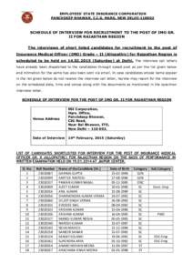 EMPLOYEES’ STATE INSURANCE CORPORATION PANCHDEEP BHAWAN, C.I.G. MARG, NEW DELHISCHEDULE OF INTERVIEW FOR RECRUITMENT TO THE POST OF IMO GR. II FOR RAJASTHAN REGION The interviews of short listed candidates for 