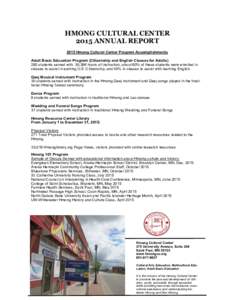 HMONG CULTURAL CENTER 2015 ANNUAL REPORT 2015 Hmong Cultural Center Program Accomplishments Adult Basic Education Program (Citizenship and English Classes for Adults) 282 students served with 30,396 hours of instruction,