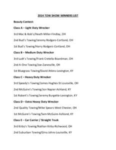 2014 TOW SHOW WINNERS LIST Beauty Contest: Class A – Light Duty Wrecker 3rd Mac & Bob’s/Heath Miller-Findlay, OH 2nd Bud’s Towing/Jeremy Rodgers-Cortland, OH 1st Bud’s Towing/Harry Rodgers-Cortland, OH