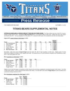 FOR IMMEDIATE RELEASE  OCTOBER 31, 2012 TITANS-BEARS SUPPLEMENTAL NOTES VETERAN HASSELBECK, ROOKIE WRIGHT THRIVING ON THIRD DOWN: The Titans offense has two of the NFL’s top performers on third down inQuarterbac