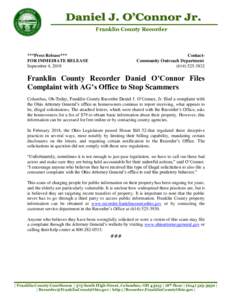Franklin County Recorder  ***Press Release*** FOR IMMEDIATE RELEASE September 4, 2018