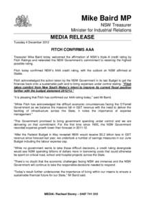 Mike Baird MP NSW Treasurer Minister for Industrial Relations MEDIA RELEASE Tuesday 4 December 2012