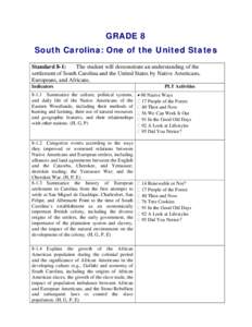 GRADE 8 South Carolina: One of the United States Standard 8-1: The student will demonstrate an understanding of the settlement of South Carolina and the United States by Native Americans, Europeans, and Africans.