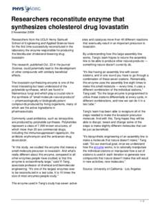 Researchers reconstitute enzyme that synthesizes cholesterol drug lovastatin