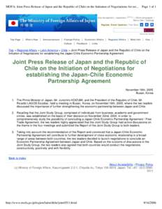 MOFA: Joint Press Release of Japan and the Republic of Chile on the Initiation of Negotiations for est...  Page 1 of 1 skip navigations | Japanese (???) | Other Languages | Mirror Site | Sitemap