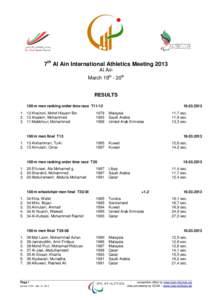 7th Al Ain International Athletics Meeting 2013 Al Ain March 19th - 20th RESULTS 100 m men ranking order time race T11Khaironi, Mohd Hisyam Bin