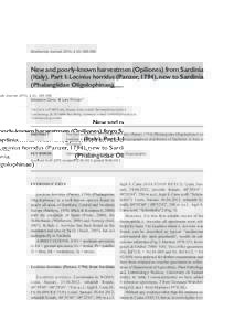 Biodiversity Journal, 2013, 4 (2): New and poorly-known harvestmen (Opiliones) from Sardinia (Italy). Part I: Lacinius horridus (Panzer, 1794), new to Sardinia (Phalangiidae Oligolophinae) Salvatore Canu1 & Lars