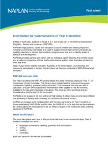 Fact sheet  Information for parents/carers of Year 9 students In May of each year, students in Years 3, 5, 7 and 9 take part in the National Assessment Program – literacy and numeracy (NAPLAN). NAPLAN helps parents, ca