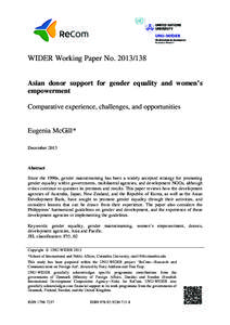 WIDER Working Paper NoAsian donor support for gender equality and women’s empowerment: Comparative experience, challenges, and opportunities