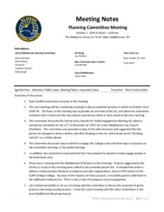 Meeting Notes Planning Committee Meeting October 7, 2014 4:00 pm – 6:00 pm The Mulberry House, 62-70 W. Main, Middletown, NY  Attendance: