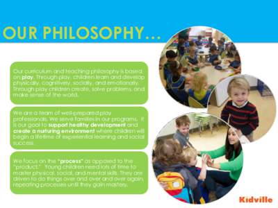 OUR PHILOSOPHY… Our curriculum and teaching philosophy is based on play. Through play, children learn and develop physically, cognitively, socially, and emotionally. Through play children create, solve problems, and ma
