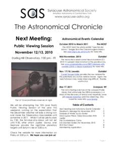 Next Meeting: Public Viewing Session November 12/13, 2010 Darling Hill Observatory, 7:00 pm - ??  Astronomical Events Calendar