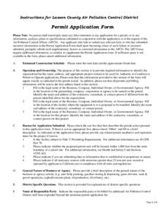 Instructions for Lassen County Air Pollution Control District  Permit Application Form Please Note: No person shall knowingly make any false statement in any application for a permit, or in any information, analysis, pla