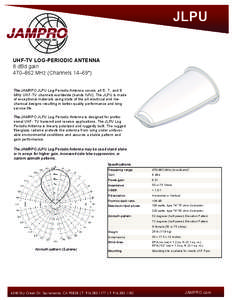 JLPU UHF-TV LOG-PERIODIC ANTENNA 8 dBd gain 470–862 MHz (Channels 14–69*) The JAMRPO JLPU Log-Periodic Antenna covers all 6, 7, and 8 MHz UHF-TV channels worldwide (bands IV/V). The JLPU is made