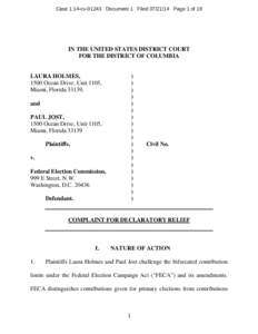 Case 1:14-cvDocument 1 FiledPage 1 of 19  IN THE UNITED STATES DISTRICT COURT FOR THE DISTRICT OF COLUMBIA  LAURA HOLMES,